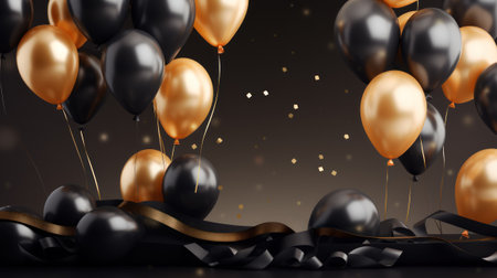 Black Friday sale background with glossy balloons on a dark scene. Discount or sale marketing advertisement for poster, Ads, web banner, flyers, social and fashion ads, brochure. Generative AIの素材