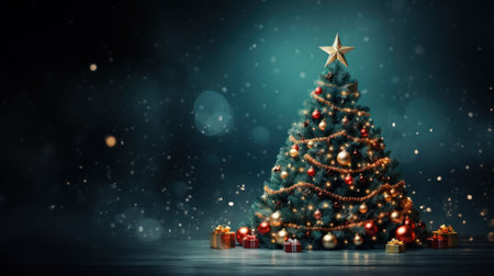 Merry christmas and happy new year holiday. Christmas Tree with Gift box, Balls decorated in wonderful snowy winter landscape. Christmas greetings concept with snowfall. Generative AIの素材
