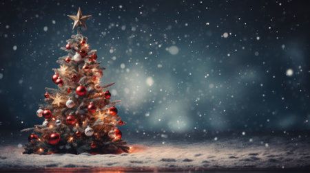 Merry christmas and happy new year holiday. Christmas Tree with Balls decorated in wonderful snowy winter landscape. Christmas greetings concept with snowfall. Generative AIの素材