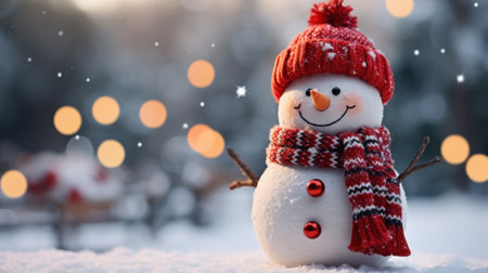 Merry christmas and happy new year. Snowman with a carrot nose, hat, scarf, stick arms and christmas ornaments standing outside on winter scenery snow background. Winter fairytale. Generative aiの素材
