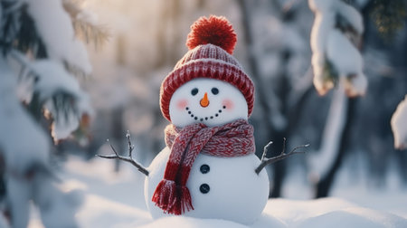 Merry christmas and happy new year. Snowman with a carrot nose, hat, scarf, stick arms and christmas ornaments standing outside on winter scenery snow background. Winter fairytale. Generative aiの素材