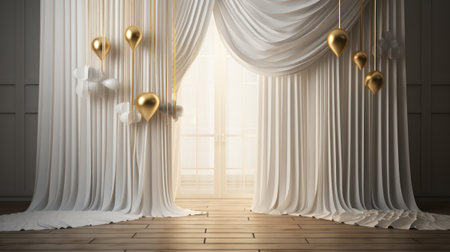 Luxurious backdrop curtain with balloons, arrangements and decor. Photo-wall decoration for celebrate, wedding, birthday, holiday party. Beautiful decorative celebration concept. Generative AIの素材