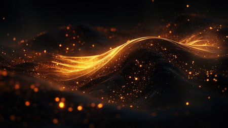Abstract technology futuristic 3d background with gold lines curved wavy sparkle. Elegant exclusive design for invitation, wallpaper, greeting, banners, brochures, advertising. Generative AIの素材