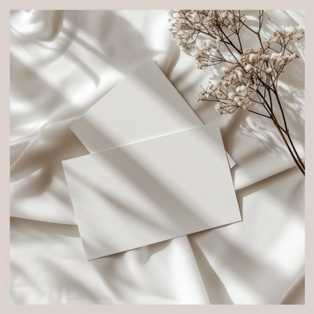 Invitation or greeting card mockup flat lay minimalist, neutral tones. Vintage flower frame with Perfect decoration, gifting beautifully for a birthday or wedding celebration. Generative AIの素材
