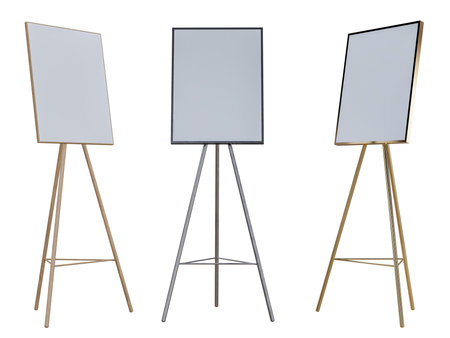 Wooden Easels with Mockup Empty Blank Canvases Isolated. Artwork blank poster mockups. Wooden board...