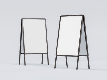 Blank chalk board street stand mockup. Isolated pavement menu rack with material frame template for cafe or restaurant welcome easel. 3D renderingの写真素材