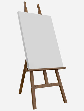 Wooden easel stand with blank an art board canvas. Presentation board on a tripod artwork mockup, template for artists to showcase their work or that require visual aidsの写真素材