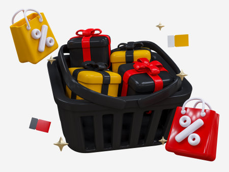 Black friday super sale. 3D cartoon elements, shopping basket, gift box, shopping bag, percent symbol, discount voucher. Sale Event concepts discount design for Ads, promotion banner, web posterの写真素材