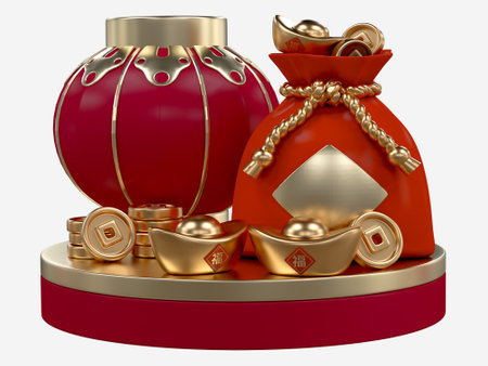 Chinese new year with 3D realistic podium, chinese money bag, gold coin, gold ingots, red lanterns for presentation, poster, banner, Ads. Mid Autumn festival luxury concept. Year of the Snakeの写真素材