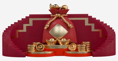 Chinese new year with 3D realistic podium, chinese money bag, gold coin, gold ingots, stair for presentation, poster, banner, Ads. Mid Autumn festival luxury concept. Year of the Snakeの写真素材