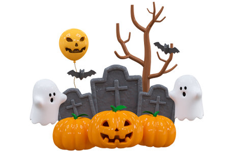 Halloween Holiday Scary Pumpkin head with Halloween tombstone, candle light, skull, cute ghost. Happy Halloween celebration concept for banner, poster, ads brochure, greeting card, party invitationの写真素材