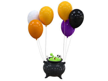Halloween Holiday, witch's cauldron with flying balloon. Happy Halloween celebration concept for banner, poster, ads, brochure, greeting card, invitationの写真素材