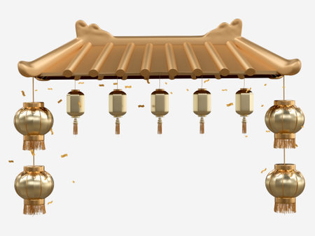 Chinese new year with 3D realistic Chinese entrance roof, gold lanterns, gold confetti, ornaments. Chinese element for presentation, banner, Ads. Mid Autumn festival luxury concept. Year of the Snakeの写真素材