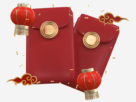 Chinese new year with 3D realistic red envelope, gold confetti, ornaments, red lanterns and chinese cloud for presentation, banner, Ads. Mid Autumn festival luxury concept. Year of the Snakeの写真素材