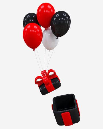 3D elements flying gift box with festive balloons helium color for anniversary, birthday party, christmas holiday, valentine day or Sale Event concept discount Ads, promotion banner, posterの写真素材