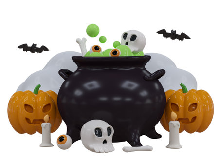 Halloween Holiday Scary Pumpkin head with witch's cauldron, candle, bat, poison, evil eye, skull. Happy Halloween celebration concept for banner, poster, ads, brochure, greeting card, invitationの写真素材