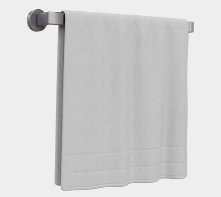 Towel mockup hanging on hanger and hook mockup for design, branding, advertising. Empty of fluffy isolated fabric for luxury hotel or hospital or perfumed towel in resort, spa, bathroom templateの写真素材
