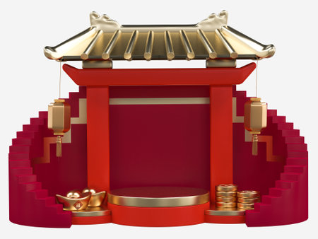 Chinese new year with 3D realistic Chinese entrance gate, gold coin, gold ingots, ornaments, lanterns for presentation, banner, Ads. Mid Autumn festival luxury concept. Year of the Snakeの写真素材