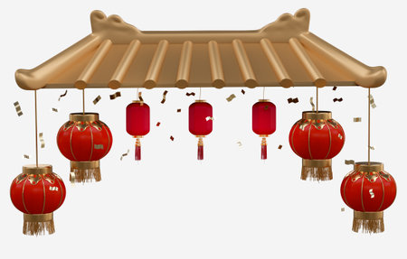 Chinese new year with 3D realistic Chinese entrance roof, red lanterns, gold confetti, ornaments. Chinese element for presentation, banner, Ads. Mid Autumn festival luxury concept. Year of the Snakeの写真素材