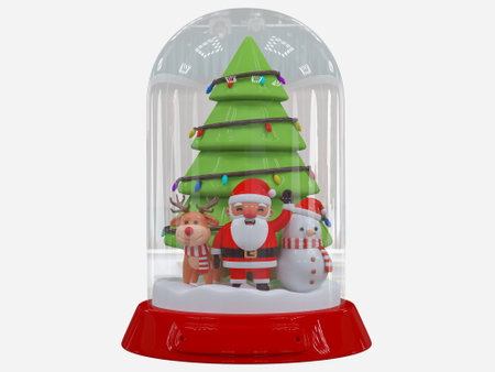 Merry Christmas and Happy New Year. Christmas tree with Glass snow ball, santa, reindeer, snowman. Realistic cute 3D characters design perfect for banner, ads, holiday greetings and decorationsの写真素材