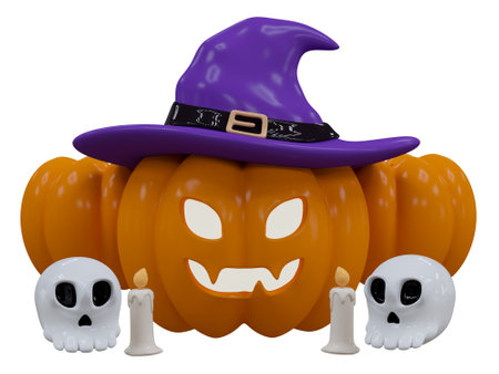 Halloween Holiday Scary Pumpkin head with Witch hat, candle light, skull, cute ghost. Happy Halloween celebration concept for banner, poster, ads brochure, greeting card, party invitationの写真素材