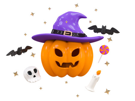 Halloween Holiday Scary Pumpkin head with Witch hat, candle light, skull, cute ghost. Happy Halloween celebration concept for banner, poster, ads brochure, greeting card, party invitationの写真素材