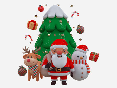 Merry Christmas and Happy New Year. Christmas tree with reindeer, snowman and gifts. Realistic cute 3D characters design perfect for banner, web poster, ads, holiday greetings and decorationsの写真素材