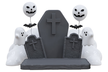 Halloween tombstone, Ancient RIP for cemetery or tomb, dead funeral with cute ghost, balloon scarry and bat. Happy Halloween celebration concept for banner, poster, ads brochure, greeting cardの写真素材