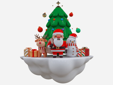 Merry Christmas and Happy New Year. Christmas tree with Santa, reindeer, snowman and gifts. Realistic cute 3D characters design perfect for banner, web poster, ads, holiday greetings and decorationsの写真素材