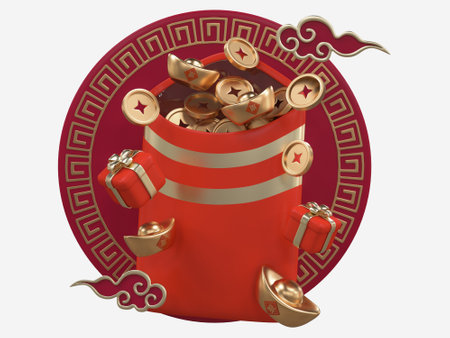 Chinese new year with 3D realistic red envelope, ornaments, gold coin, gold ingots, giftbox and chinese cloud for presentation, banner, Ads. Mid Autumn festive luxury concept. Year of the Snakeの写真素材