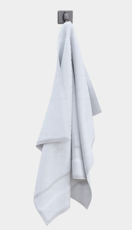 Towel mockup hanging on hanger and hook mockup for design, branding, advertising. Empty of fluffy isolated fabric for luxury hotel or hospital or perfumed towel in resort, spa, bathroom templateの写真素材