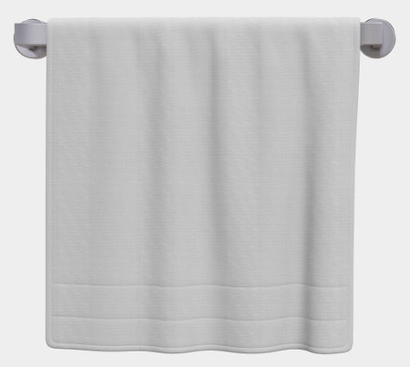 Towel mockup hanging on hanger and hook mockup for design, branding, advertising. Empty of fluffy isolated fabric for luxury hotel or hospital or perfumed towel in resort, spa, bathroom templateの写真素材