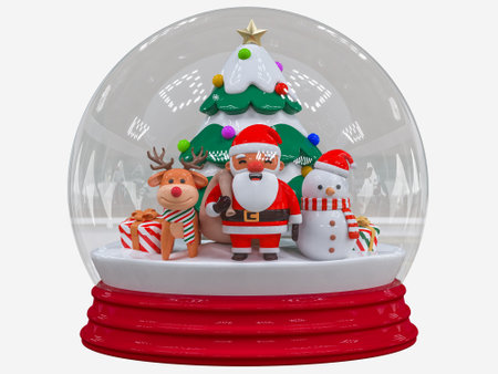 Merry Christmas and Happy New Year. Christmas tree with Glass snow ball, santa, reindeer, snowman. Realistic cute 3D characters design perfect for banner, ads, holiday greetings and decorationsの写真素材