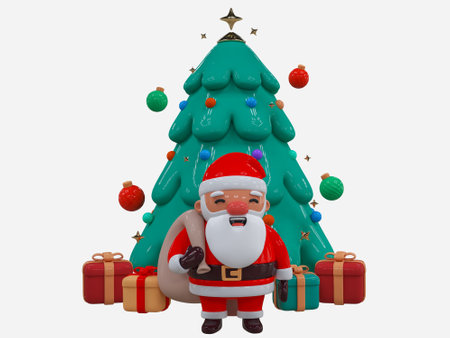 Merry Christmas and Happy New Year. Christmas tree with Santa claus, christmas decorations and gifts boxes. Realistic cute 3D characters design perfect for banner, web poster, ads, holiday greetingsの写真素材
