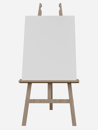 Wooden easel stand with blank an art board canvas. Presentation board on a tripod artwork mockup, template for artists to showcase their work or that require visual aidsの写真素材