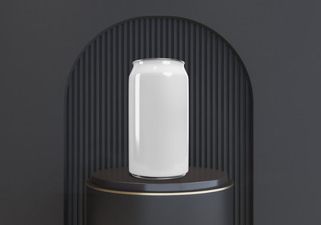 Aluminium can packaging mockup with fresh droplets on luxury podium background for presentation your beverage product fresh soda, water, energy drink, cola or beer packagingの写真素材