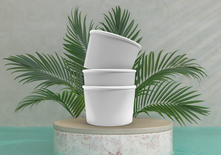 Ice cream buckets on minimal podium with plant decoration. Realistic blank mockup of food container empty for branding presentation ice cream, food, drink, mayonnaise or yogurt bucketの写真素材