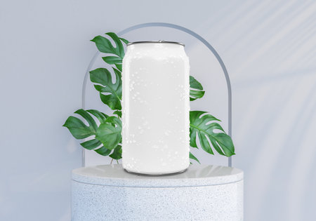 Aluminium can packaging mockup with fresh droplets on decorate plant and podium background for presentation your beverage product fresh soda, water, energy drink, cola or beer packagingの写真素材