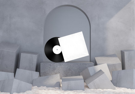 Vinyl Disk Record and Cover Template Mockup with transparent plastic wrap texture overlay on luxury podium for presentation entertainment advertising, music studio branding, merchandiseの写真素材