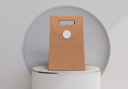 Kraft paper bags packaging mockup on luxury podium background for takeaway food, lunch meal, coffee or tea, sweets, snack packaging. Food Delivery Service Bag with sticker cafe or restaurant brandingの写真素材