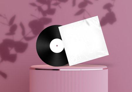 Vinyl Disk Record and Cover Template Mockup with transparent plastic wrap texture overlay on luxury podium for presentation entertainment advertising, music studio branding, merchandiseの写真素材