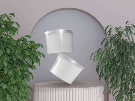 Ice cream buckets on minimal podium with plant decoration. Realistic blank mockup of food container empty for branding presentation ice cream, food, drink, mayonnaise or yogurt bucketの写真素材