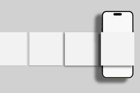 Smartphone mockup with social media post interface mockup. Social media mobile app page template design for user carousel post feed. Mobile app interface template on social networkの写真素材