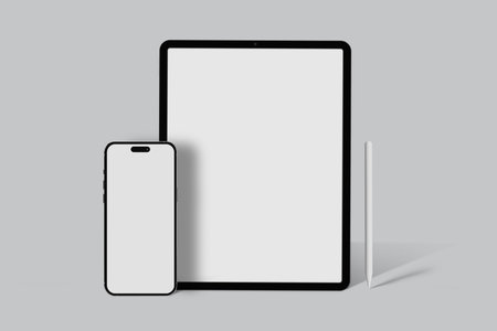Tablet with Smartphone and pencil. Digital Device Screen Mockups Template For presentation branding, corporate identity, Ads, Technology Design and Web Useの写真素材
