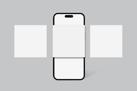 Smartphone mockup with shadow and social media post interface mockup. Social media mobile app page template design for user carousel post feed. Mobile app interface template on social networkの写真素材