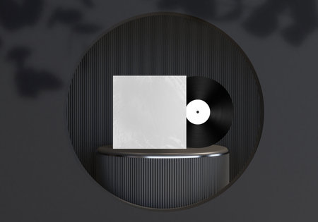 Vinyl Disk Record and Cover Template Mockup with transparent plastic wrap texture overlay on luxury podium for presentation entertainment advertising, music studio branding, merchandiseの写真素材