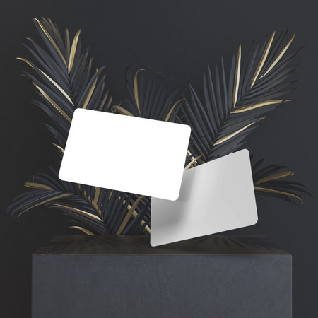 Credit card, debit card mockup template on luxury podium and plant background. Elegant design for online shopping, business and finance, digital payment, online payment, money and security conceptの写真素材
