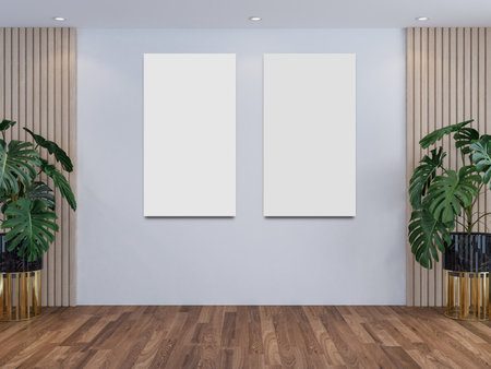 Empty picture frame mockup hanging on the wall of living room with plant decoration, parquet floor and wooden texture. Mockup for presentation photography, art gallery, poster. Modern interior designの写真素材