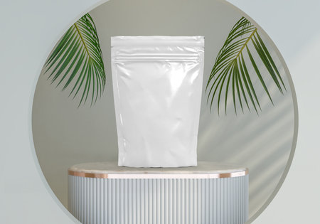 Aluminium foil bag, plastic, metallic mockup template on podium with decorate plant background for presentation packaging design coffee, tea, snack, chips, cookies, peanuts, candy, food brandingの写真素材