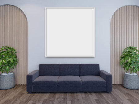 Empty picture frame mockup hanging on the wall of living room with sofa, plant decoration and wooden texture. Mockup for presentation photography, art gallery, poster, painting. Modern interior designの写真素材